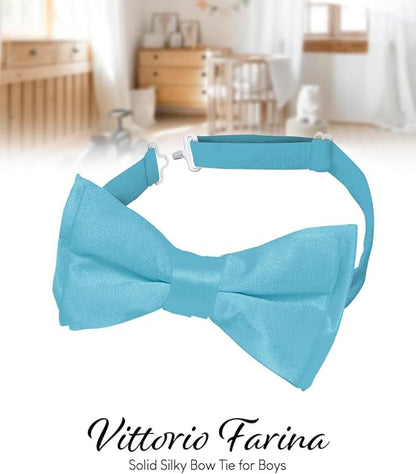 Vittorio Farina Boy's Pretied Solid Silky Satin Bow Tie - Suits You Sir - Turquoise - 