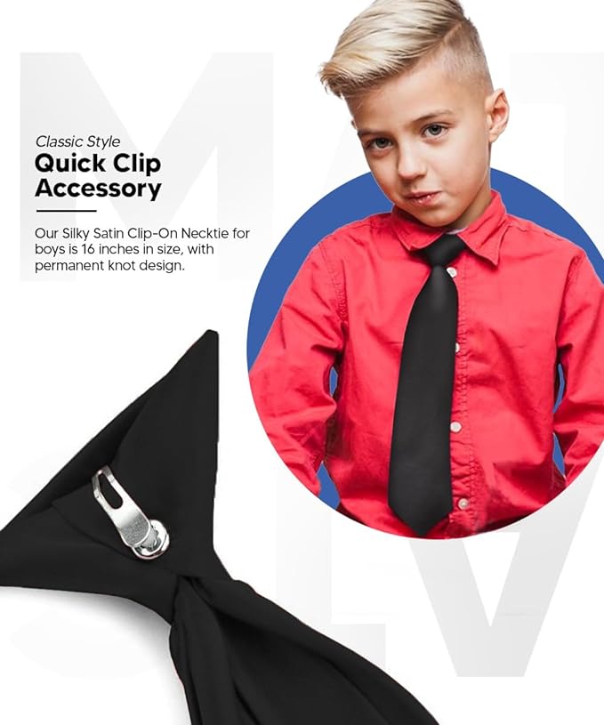 Vittorio Farina Boy's Satin Clip Necktie - Suits You Sir - Black - 16 - in