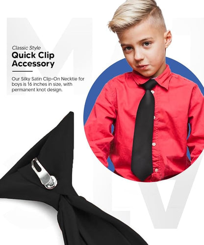 Vittorio Farina Boy's Satin Clip Necktie - Suits You Sir - Black - 16 - in