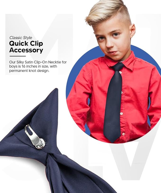 Vittorio Farina Boy's Satin Clip Necktie - Suits You Sir - Navy Blue - 16 - in