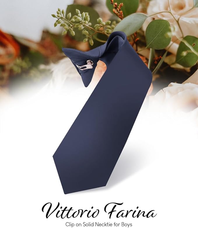 Vittorio Farina Boy's Satin Clip Necktie - Suits You Sir - Navy Blue - 16 - in
