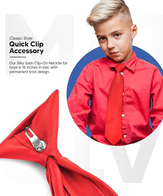 Vittorio Farina Boy's Satin Clip Necktie - Suits You Sir - Red - 16 - in