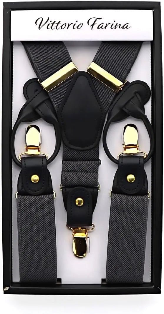 Vittorio Farina Men's Convertible Suspender in Gift Box: 70% Polyester & 30% Elastomer - Suits You Sir - Charcoal - Gold