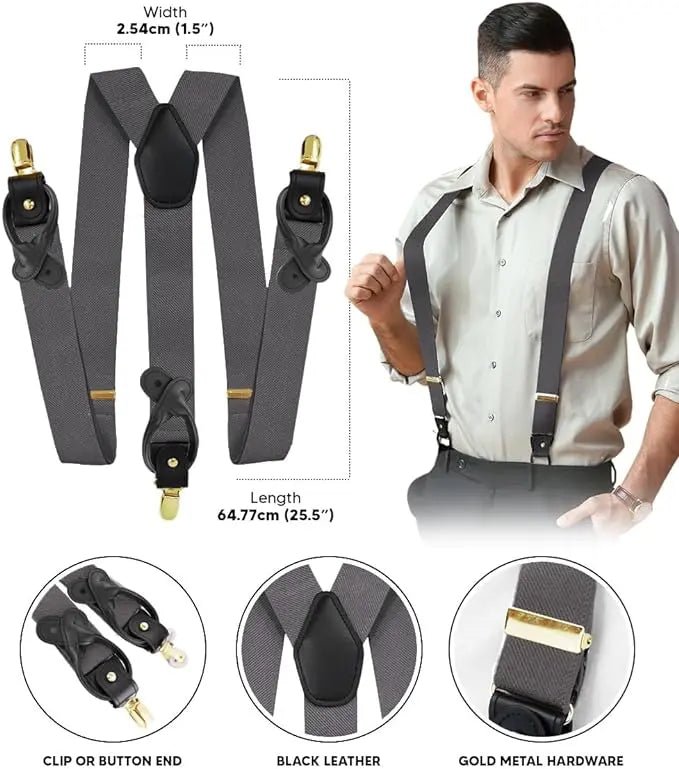 Vittorio Farina Men's Convertible Suspender in Gift Box: 70% Polyester & 30% Elastomer - Suits You Sir - Charcoal - Gold