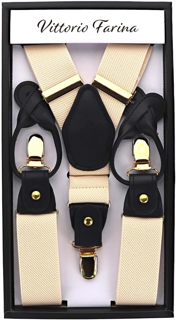 Vittorio Farina Men's Convertible Suspender in Gift Box: 70% Polyester & 30% Elastomer - Suits You Sir - Ivory - Gold