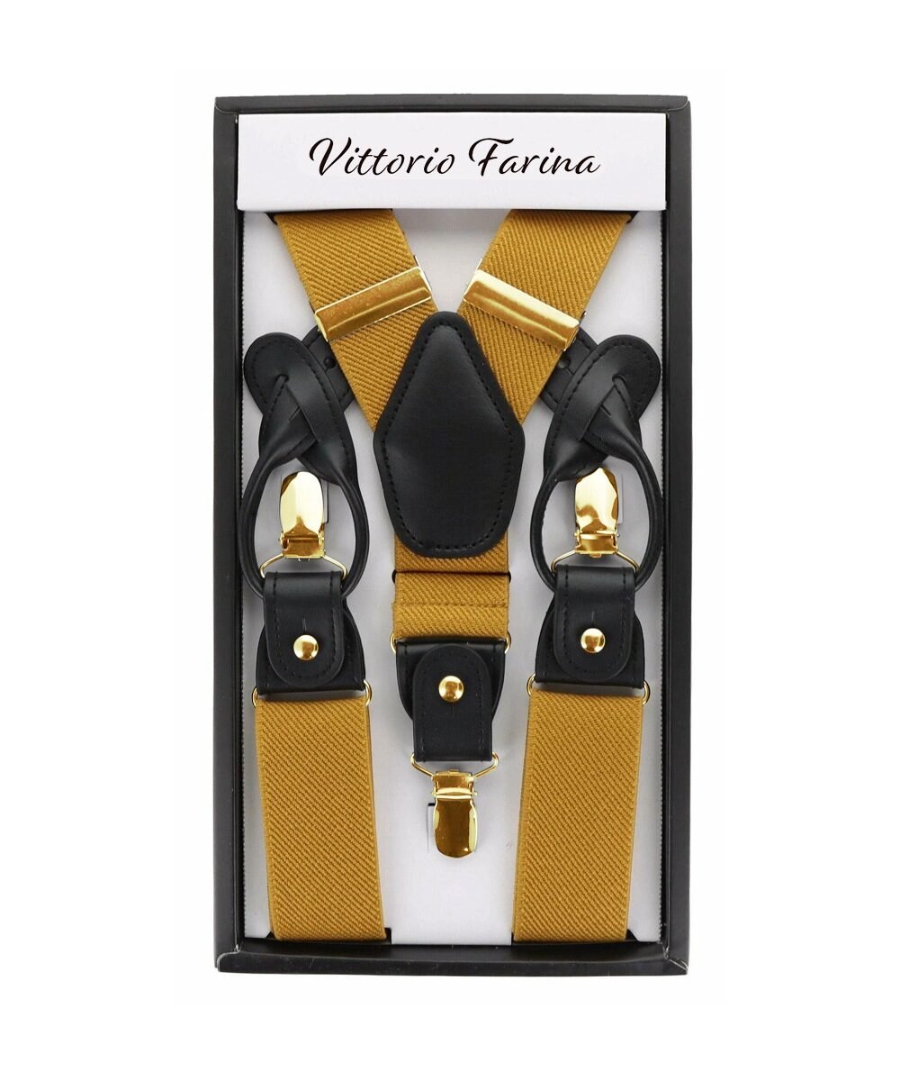 Vittorio Farina Men's Convertible Suspender in Gift Box: 70% Polyester & 30% Elastomer - Suits You Sir - Mustard Yellow - Gold
