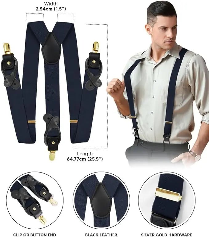 Vittorio Farina Men's Convertible Suspender in Gift Box: 70% Polyester & 30% Elastomer - Suits You Sir - Navy Blue - Gold