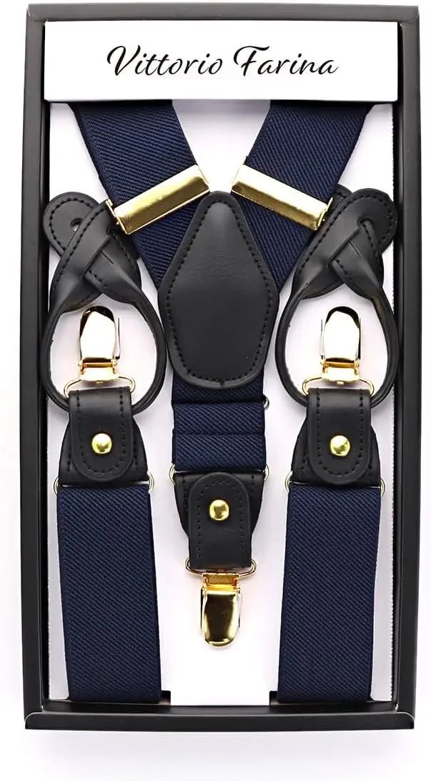 Vittorio Farina Men's Convertible Suspender in Gift Box: 70% Polyester & 30% Elastomer - Suits You Sir - Navy Blue - Gold