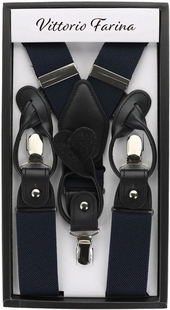 Vittorio Farina Men's Convertible Suspender in Gift Box: 70% Polyester & 30% Elastomer - Suits You Sir - Navy Blue - Silver