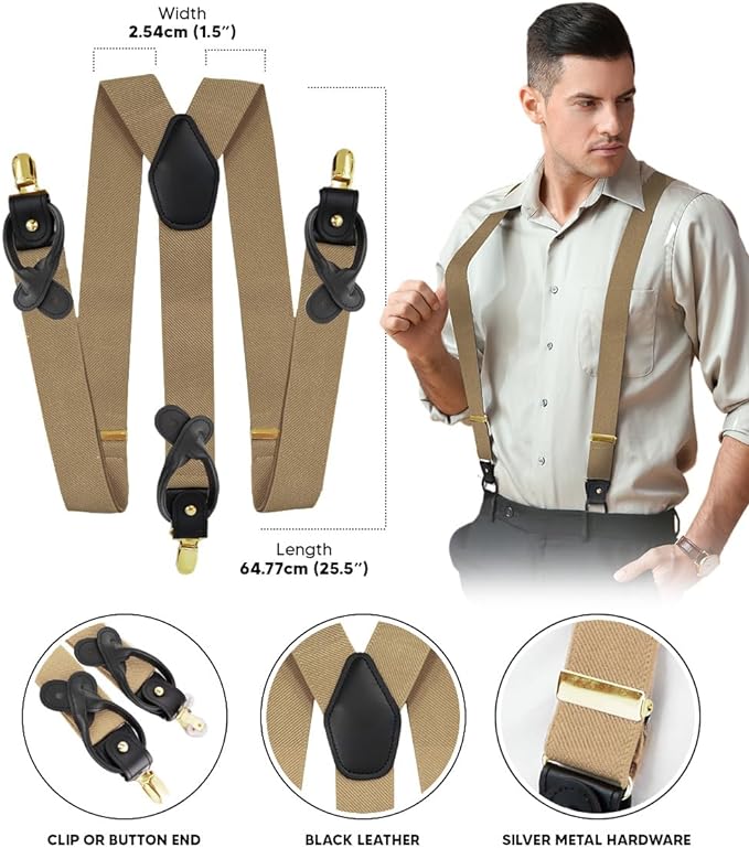 Vittorio Farina Men's Convertible Suspender in Gift Box: 70% Polyester & 30% Elastomer - Suits You Sir - Taupe - Gold