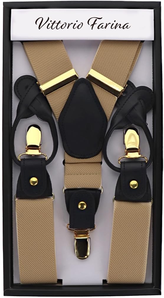 Vittorio Farina Men's Convertible Suspender in Gift Box: 70% Polyester & 30% Elastomer - Suits You Sir - Taupe - Gold