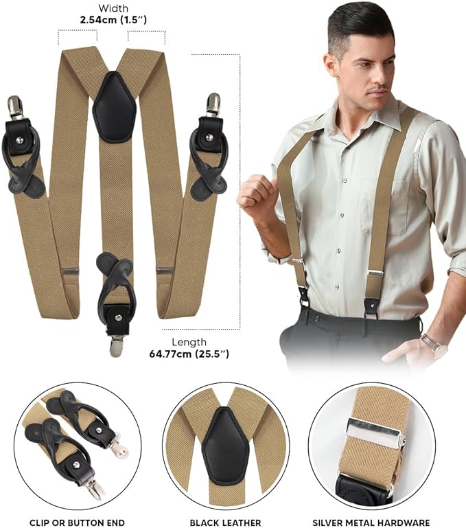 Vittorio Farina Men's Convertible Suspender in Gift Box: 70% Polyester & 30% Elastomer - Suits You Sir - Taupe - Silver