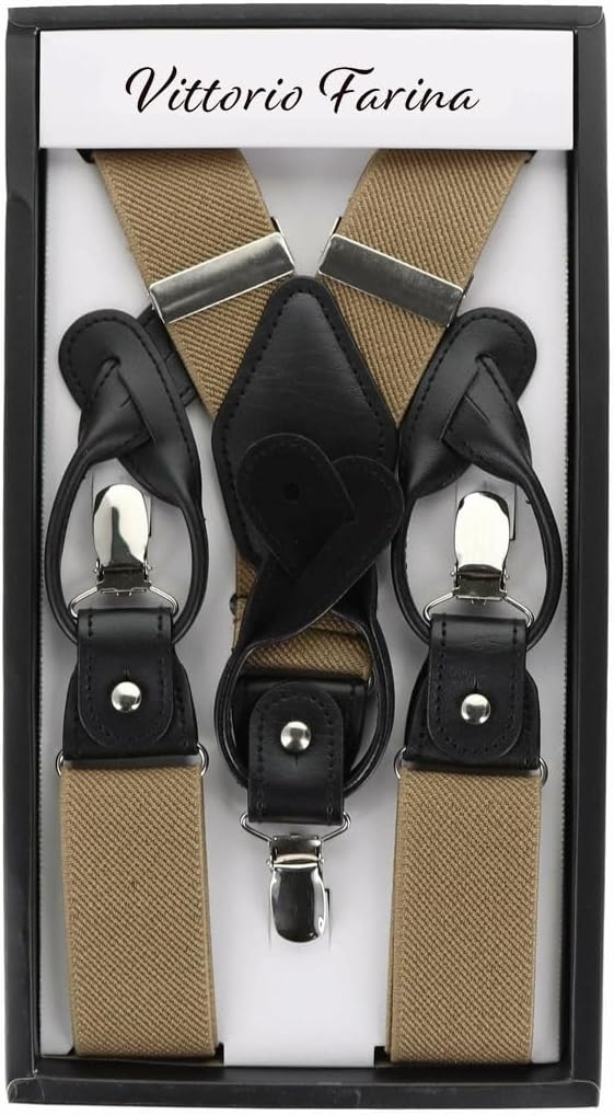 Vittorio Farina Men's Convertible Suspender in Gift Box: 70% Polyester & 30% Elastomer - Suits You Sir - Taupe - Silver