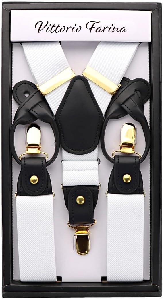 Vittorio Farina Men's Convertible Suspender in Gift Box: 70% Polyester & 30% Elastomer - Suits You Sir - White - Gold