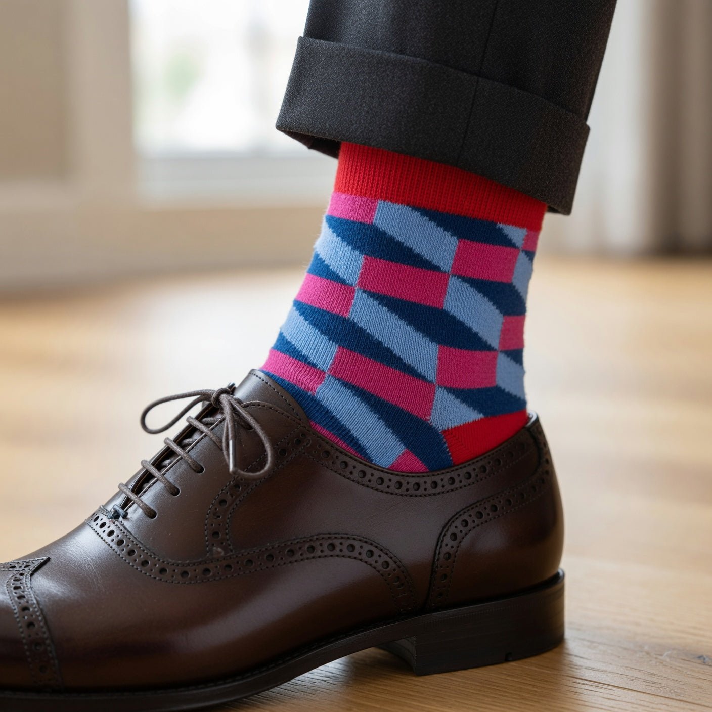 Vittorio Farina Men's Cotton Anklett Checker Dress Socks - Red, Navy Blue and Hot Pink - 6