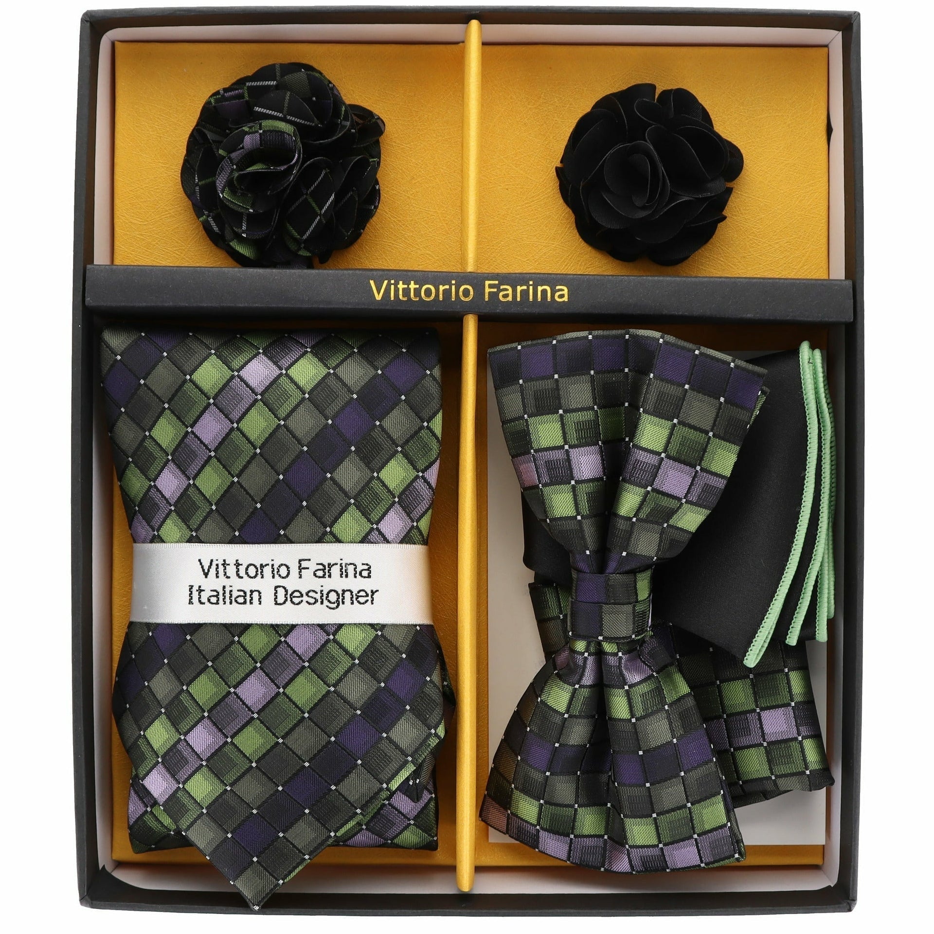 Vittorio Farina Men's Design Necktie, Bow Tie, Pocket Squares and Flower Lapel Pin in a Gift Box - Suits You Sir - GB - 116 - 