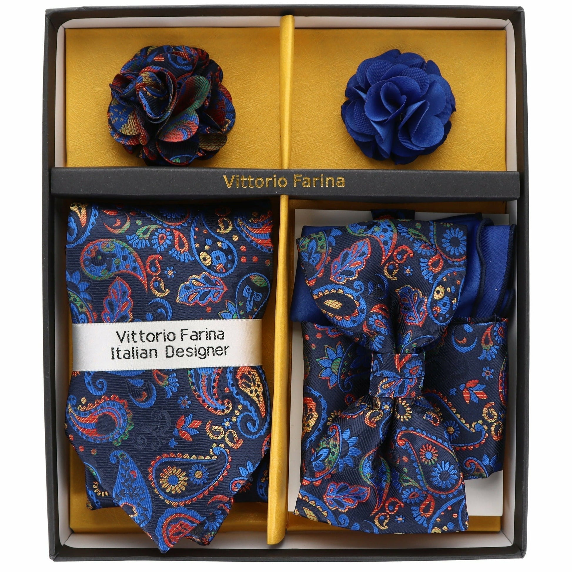 Vittorio Farina Men's Design Necktie, Bow Tie, Pocket Squares and Flower Lapel Pin in a Gift Box - Suits You Sir - GB - 116 - 