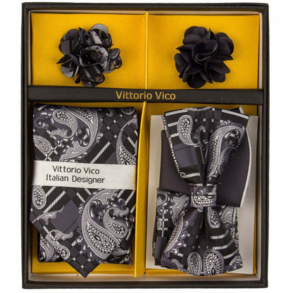 Vittorio Farina Men's Design Necktie, Bow Tie, Pocket Squares and Flower Lapel Pin in a Gift Box - Suits You Sir - GB - 21009 - 