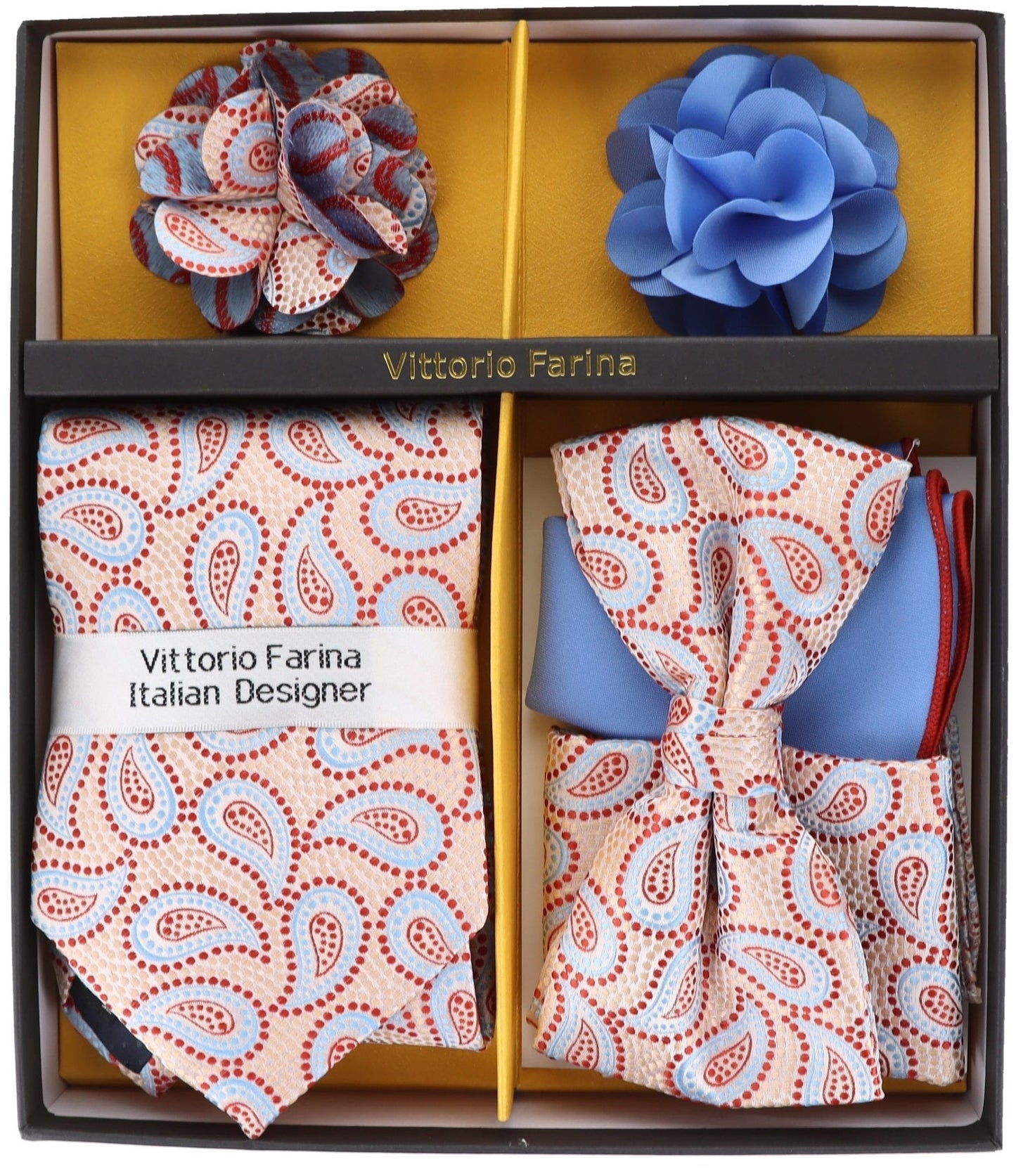 Vittorio Farina Men's Design Necktie, Bow Tie, Pocket Squares and Flower Lapel Pin in a Gift Box - Suits You Sir - GB - 21014 - 