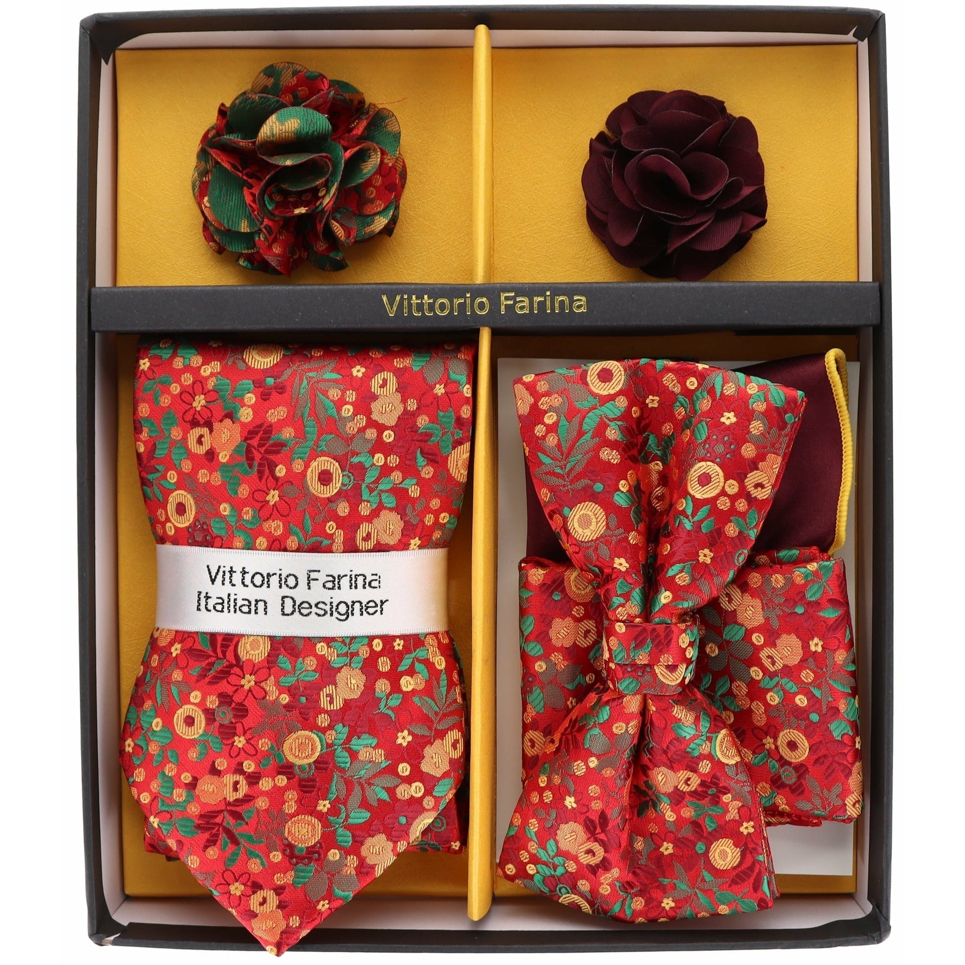 Vittorio Farina Men's Design Necktie, Bow Tie, Pocket Squares and Flower Lapel Pin in a Gift Box - Suits You Sir - GB - 21018 - 