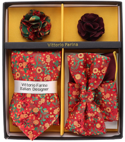 Vittorio Farina Men's Design Necktie, Bow Tie, Pocket Squares and Flower Lapel Pin in a Gift Box - Suits You Sir - GB - 21018 - 