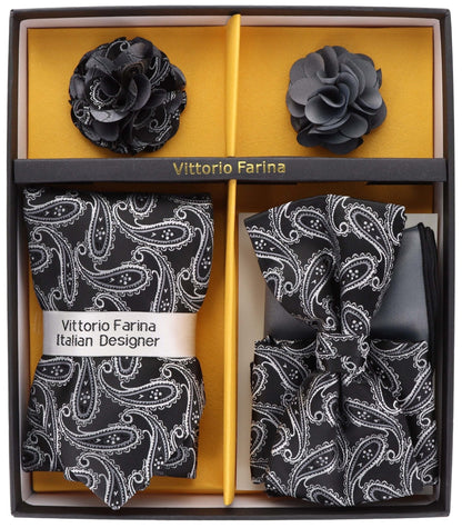 Vittorio Farina Men's Design Necktie, Bow Tie, Pocket Squares and Flower Lapel Pin in a Gift Box - Suits You Sir - GB - 21021 - 