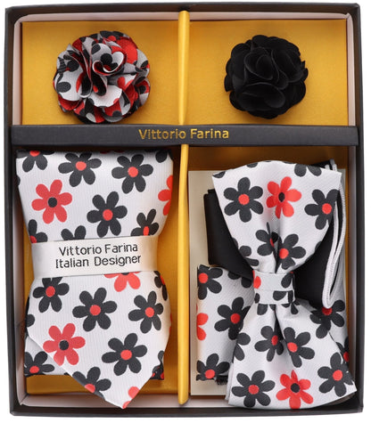 Vittorio Farina Men's Design Necktie, Bow Tie, Pocket Squares and Flower Lapel Pin in a Gift Box - Suits You Sir - GB - 21021 - 