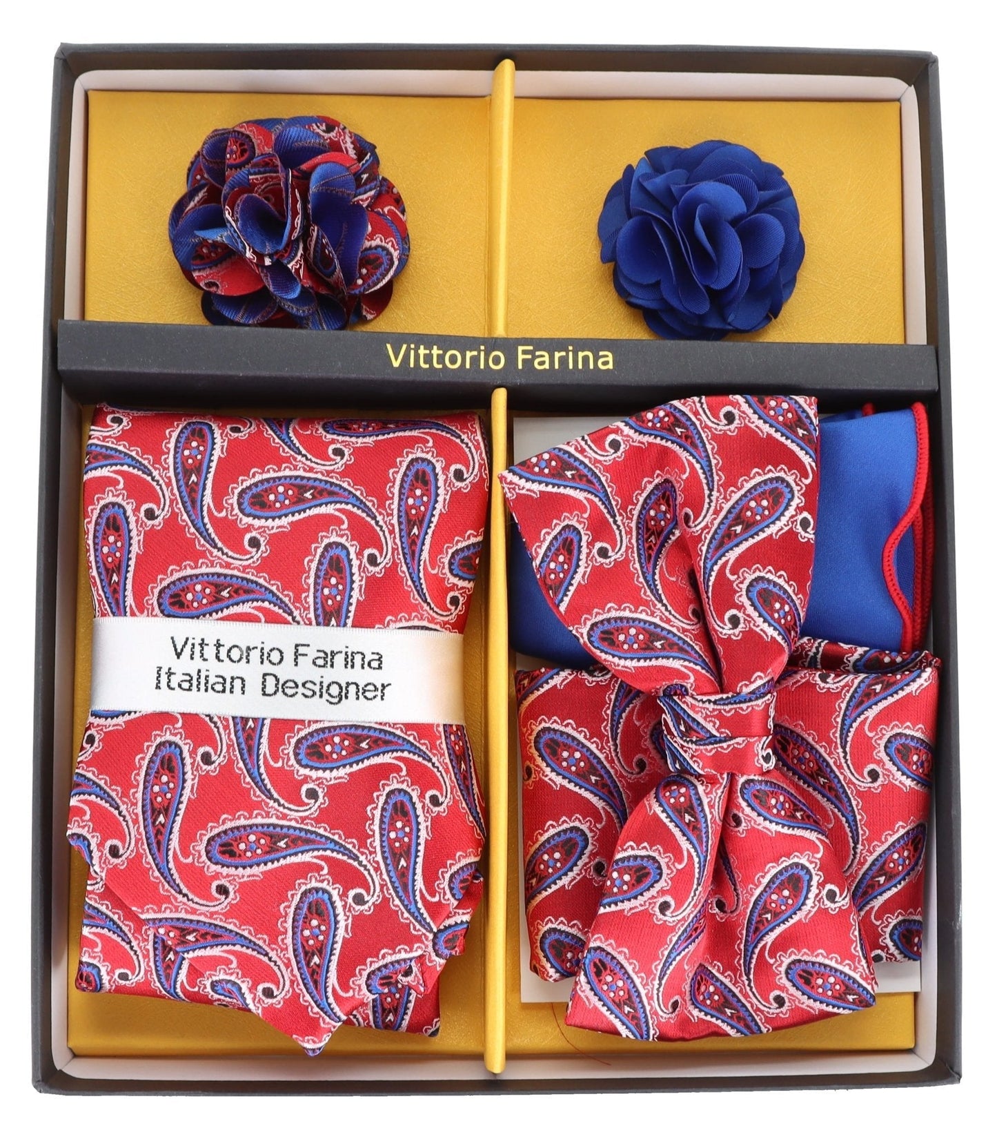 Vittorio Farina Men's Design Necktie, Bow Tie, Pocket Squares and Flower Lapel Pin in a Gift Box - Suits You Sir - GB - 21024 - 