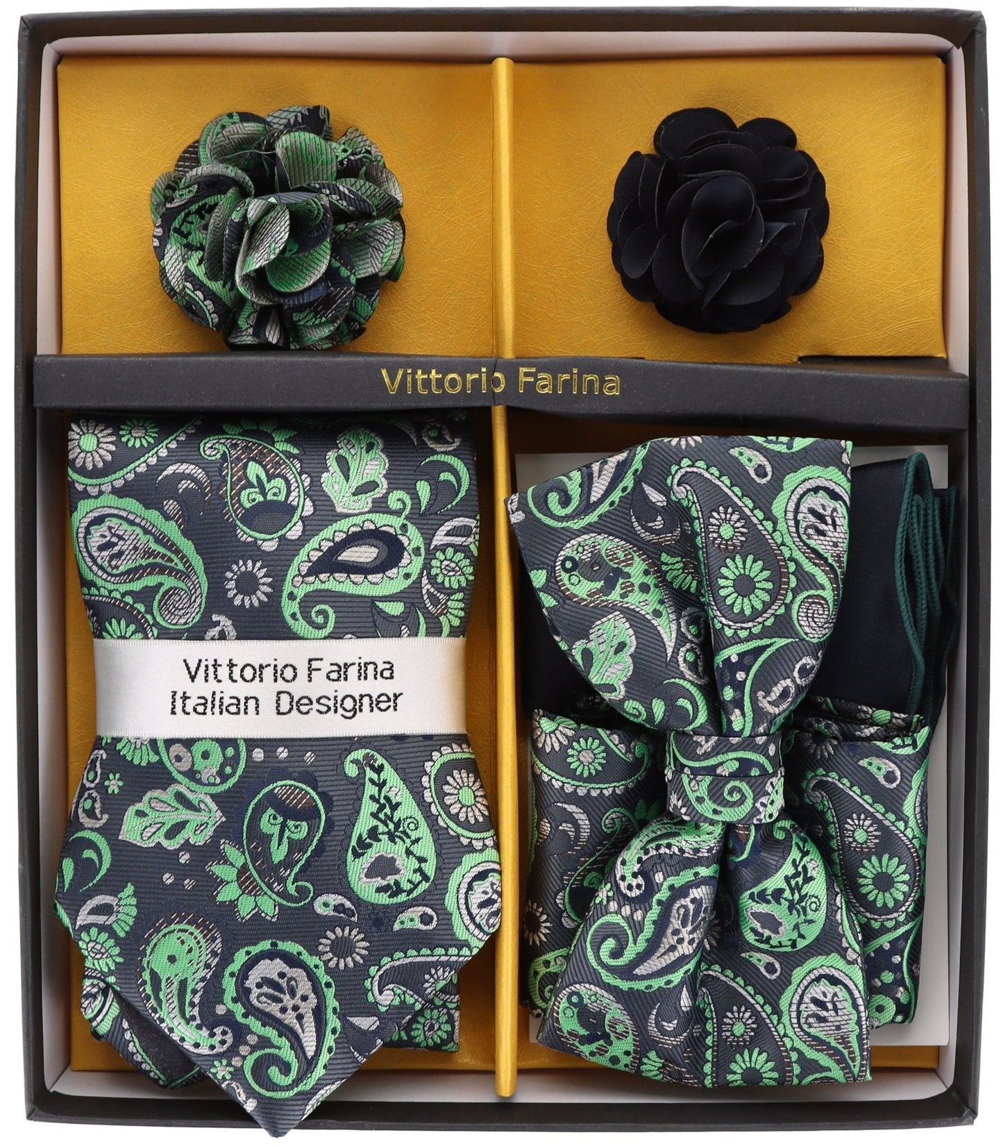 Vittorio Farina Men's Design Necktie, Bow Tie, Pocket Squares and Flower Lapel Pin in a Gift Box - Suits You Sir - GB - 21026 - 