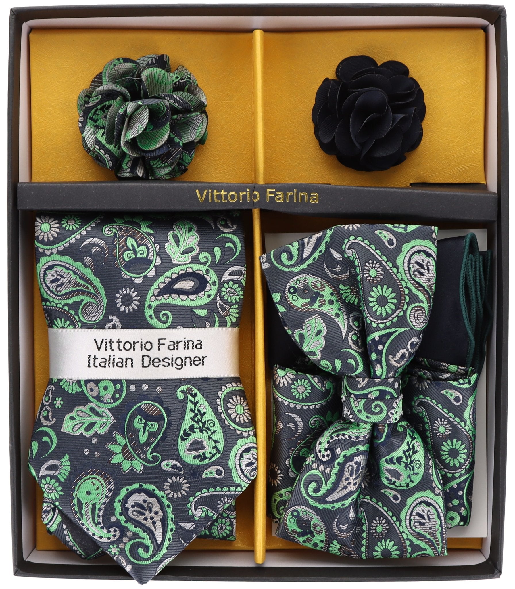 Vittorio Farina Men's Design Necktie, Bow Tie, Pocket Squares and Flower Lapel Pin in a Gift Box - Suits You Sir - GB - 21026 - 