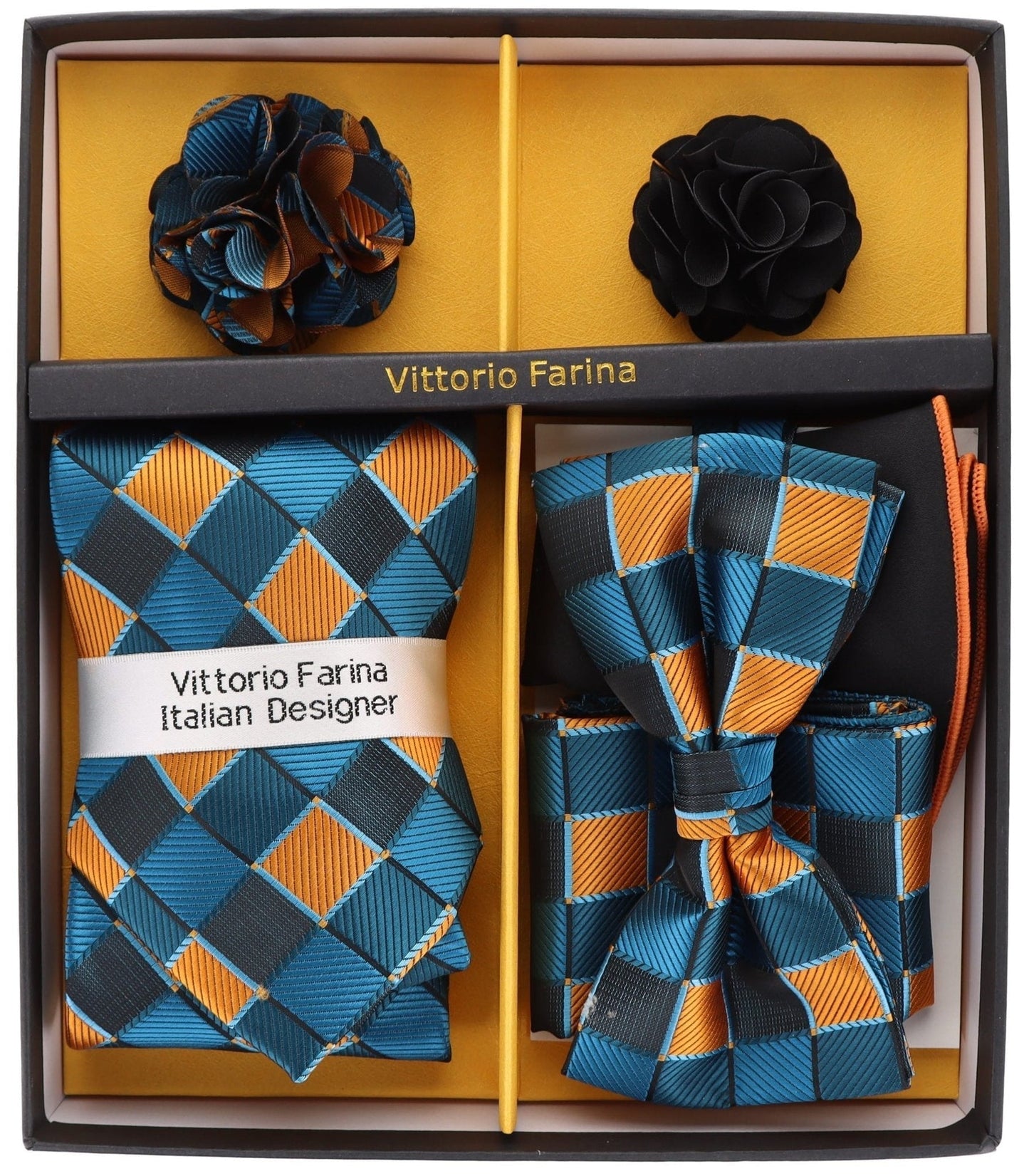 Vittorio Farina Men's Design Necktie, Bow Tie, Pocket Squares and Flower Lapel Pin in a Gift Box - Suits You Sir - GB - 21029 - 