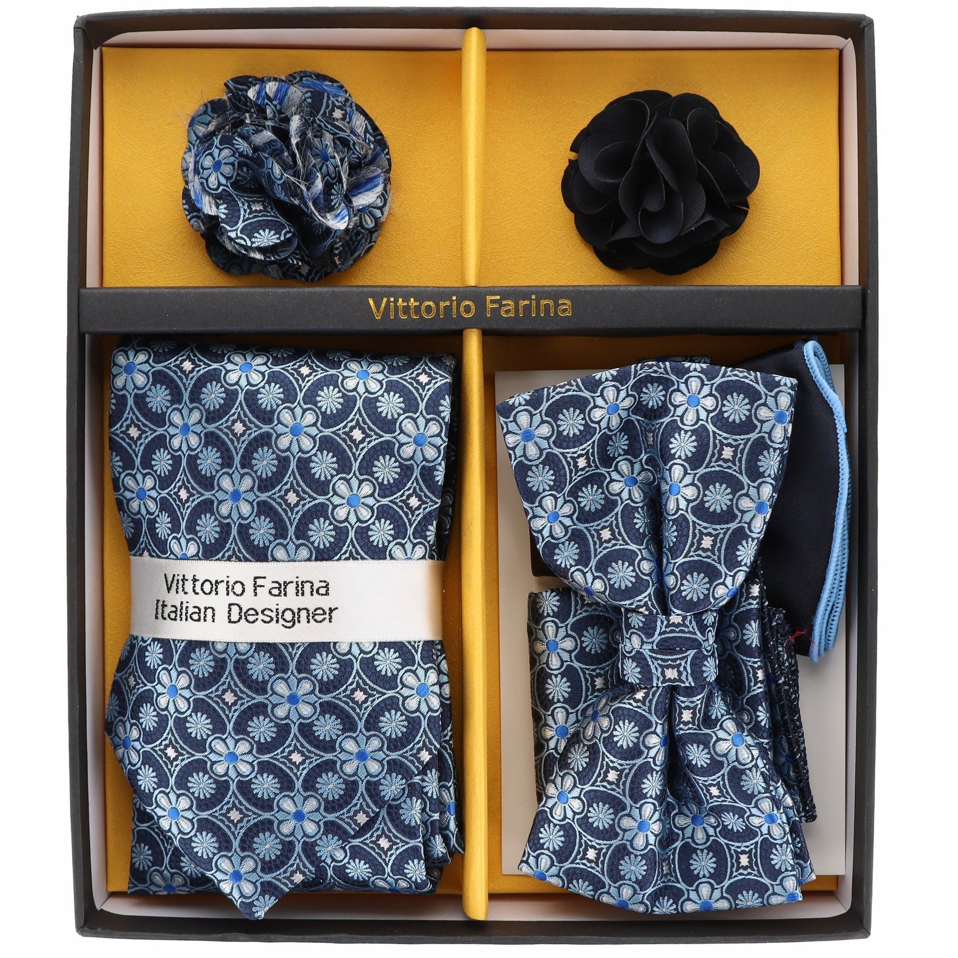 Vittorio Farina Men's Design Necktie, Bow Tie, Pocket Squares and Flower Lapel Pin in a Gift Box - Suits You Sir - GB - 21046 - 