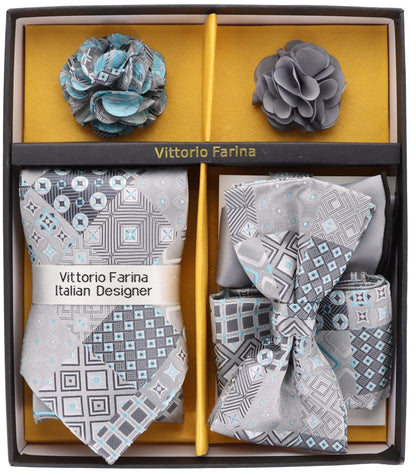 Vittorio Farina Men's Design Necktie, Bow Tie, Pocket Squares and Flower Lapel Pin in a Gift Box - Suits You Sir - GB - 21050 - 