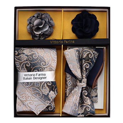 Vittorio Farina Men's Design Necktie, Bow Tie, Pocket Squares and Flower Lapel Pin in a Gift Box - Suits You Sir - GB - NHBL - D_21054 - 