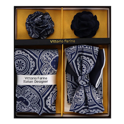 Vittorio Farina Men's Design Necktie, Bow Tie, Pocket Squares and Flower Lapel Pin in a Gift Box - Suits You Sir - GB - NHBL - D_21057 - 