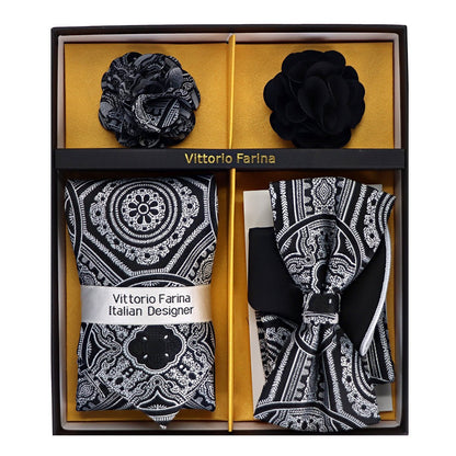 Vittorio Farina Men's Design Necktie, Bow Tie, Pocket Squares and Flower Lapel Pin in a Gift Box - Suits You Sir - GB - NHBL - D_21058 - 
