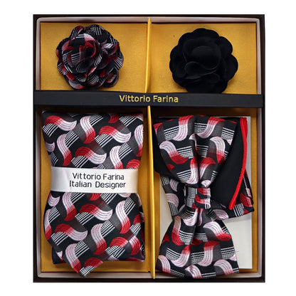 Vittorio Farina Men's Design Necktie, Bow Tie, Pocket Squares and Flower Lapel Pin in a Gift Box - Suits You Sir - GB - NHBL - D_21062 - 