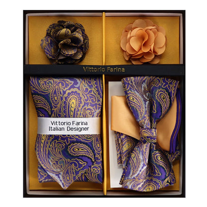 Vittorio Farina Men's Design Necktie, Bow Tie, Pocket Squares and Flower Lapel Pin in a Gift Box - Suits You Sir - GB - NHBL - D_21063 - 