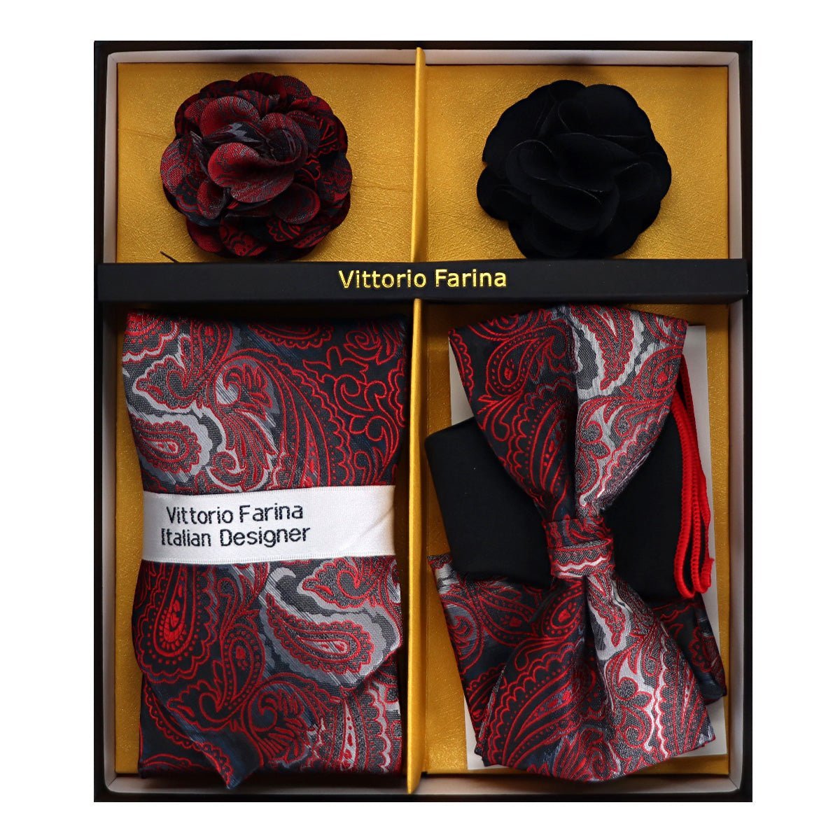 Vittorio Farina Men's Design Necktie, Bow Tie, Pocket Squares and Flower Lapel Pin in a Gift Box - Suits You Sir - GB - NHBL - D_21066 - 