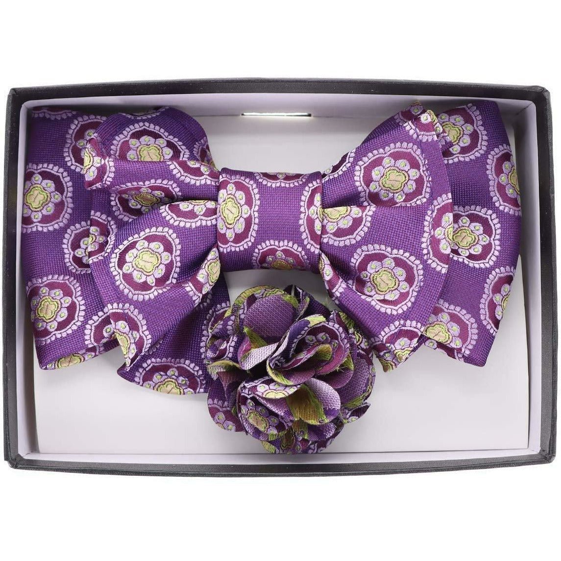 Vittorio Farina Men's Design XL Bow Tie, Pocket Square and Flower Lapel Pin in Gift Box - Suits You Sir - XL2121 - 