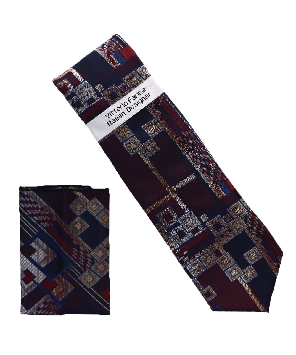 Vittorio Farina Men's Geometric Design Necktie & Pocket Square - Suits You Sir - D - 1399 - 