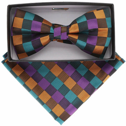 Vittorio Farina Men's Geometric Design Satin Bow Tie & Pocket Square in Gift Box - Suits You Sir - BH - 21071 - 