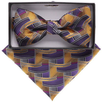 Vittorio Farina Men's Geometric Design Satin Bow Tie & Pocket Square in Gift Box - Suits You Sir - BH - 21108 - 