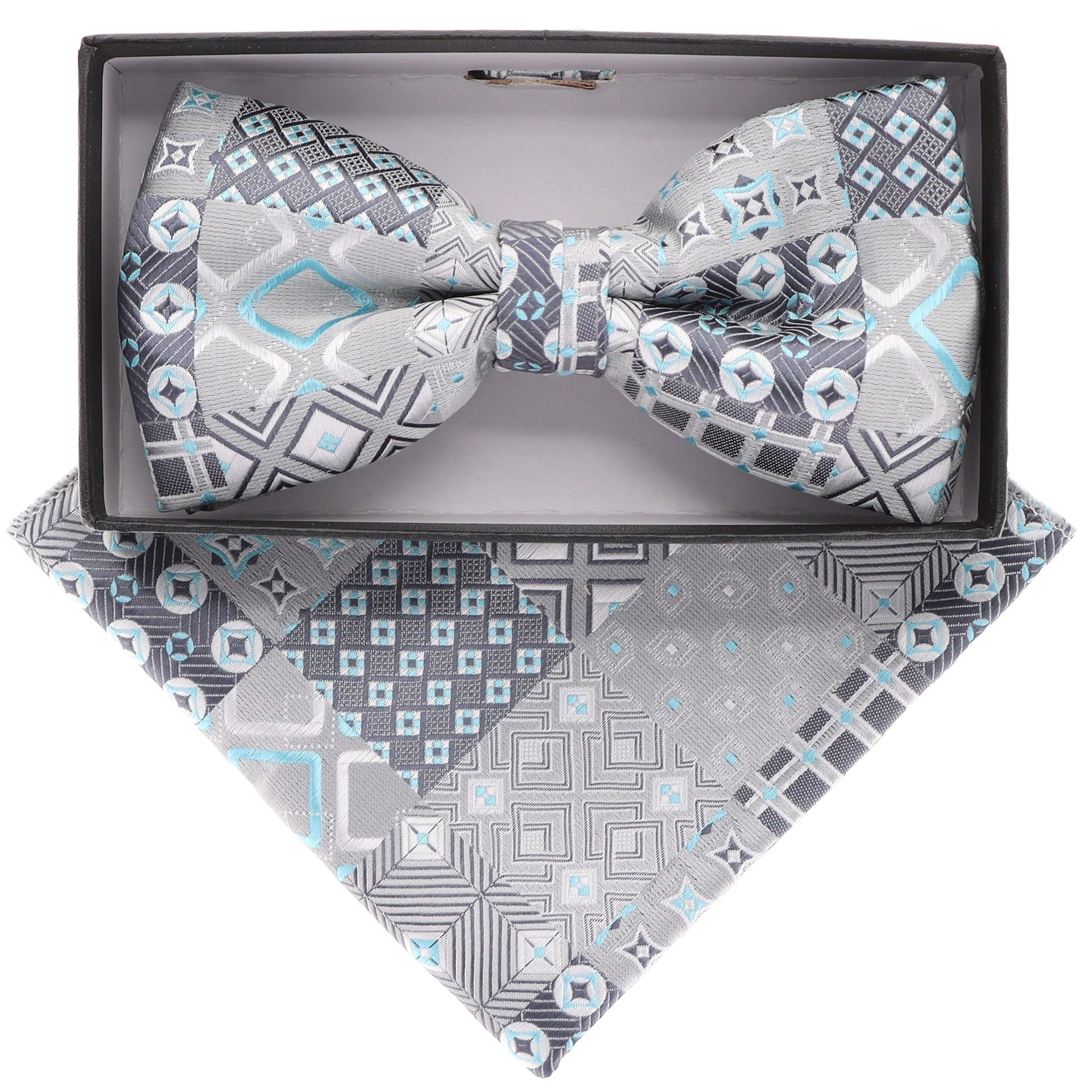Vittorio Farina Men's Geometric Design Satin Bow Tie & Pocket Square in Gift Box - Suits You Sir - BH - 21161 - 