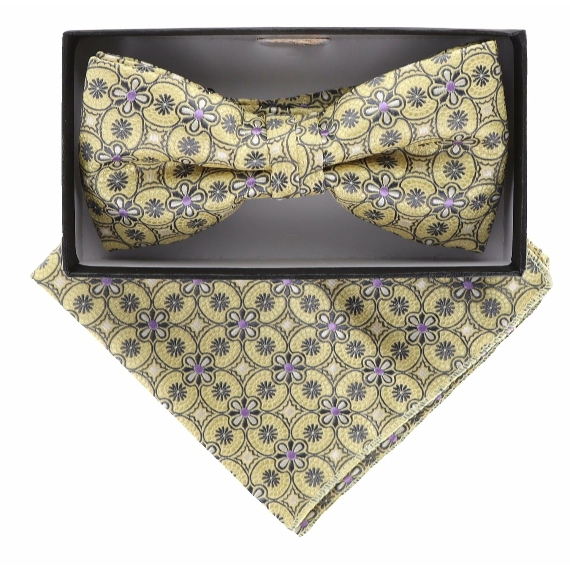 Vittorio Farina Men's Geometric Design Satin Bow Tie & Pocket Square in Gift Box - Suits You Sir - bh - 5094 - 