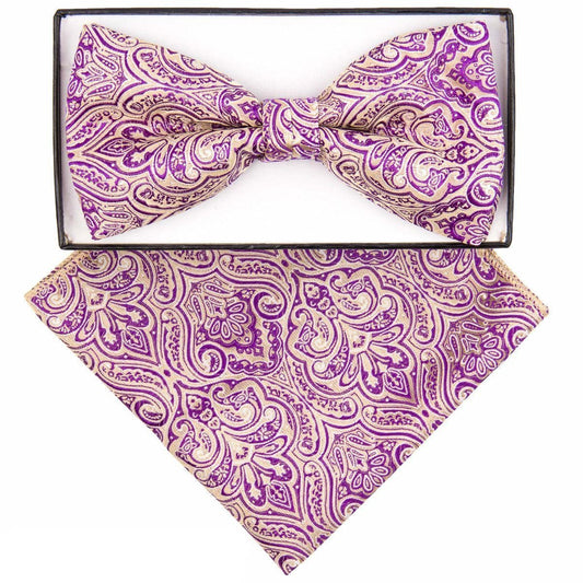 Vittorio Farina Men's Geometric Design Satin Bow Tie & Pocket Square in Gift Box - Suits You Sir - bh - 5094 - 
