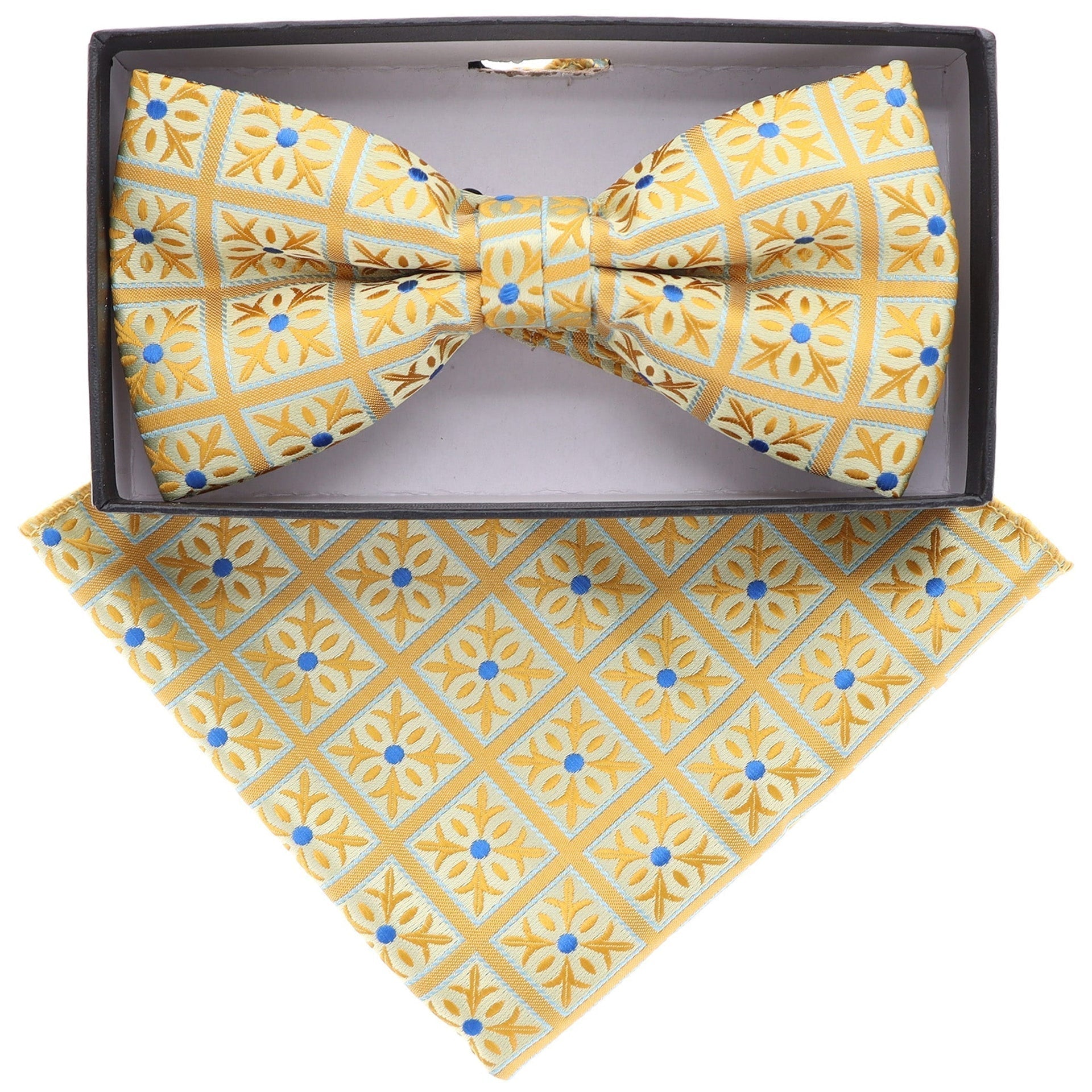 Vittorio Farina Men's Geometric Design Satin Bow Tie & Pocket Square in Gift Box - Suits You Sir - bh - 5094 - 