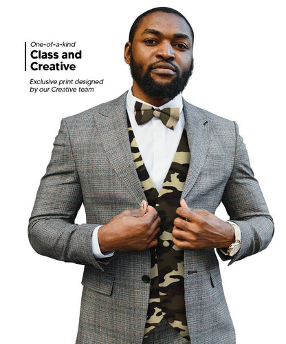 Vittorio Farina Men's Kente Satin Vest and Bow Tie Set - Suits You Sir - Camouflage - S