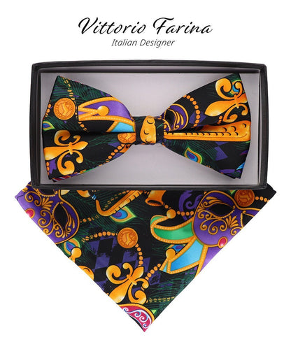 Vittorio Farina Men's Mardi Gras Satin Bow Tie & Pocket Square in Gift Box - Suits You Sir - Mardi 1: Vibrant Masquerade Mask - 