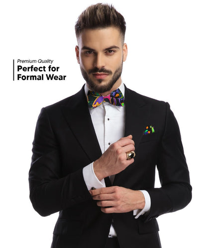 Vittorio Farina Men's Mardi Gras Satin Bow Tie & Pocket Square in Gift Box - Suits You Sir - Mardi 1: Vibrant Masquerade Mask - 